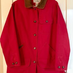 L.L. Bean Women's Red Barn Jacket with Brown Leather Collar